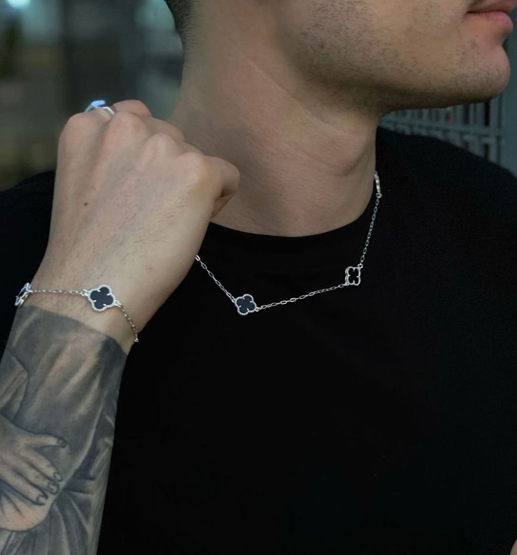 Collier et bracelets argent & noir – acier inoxydable